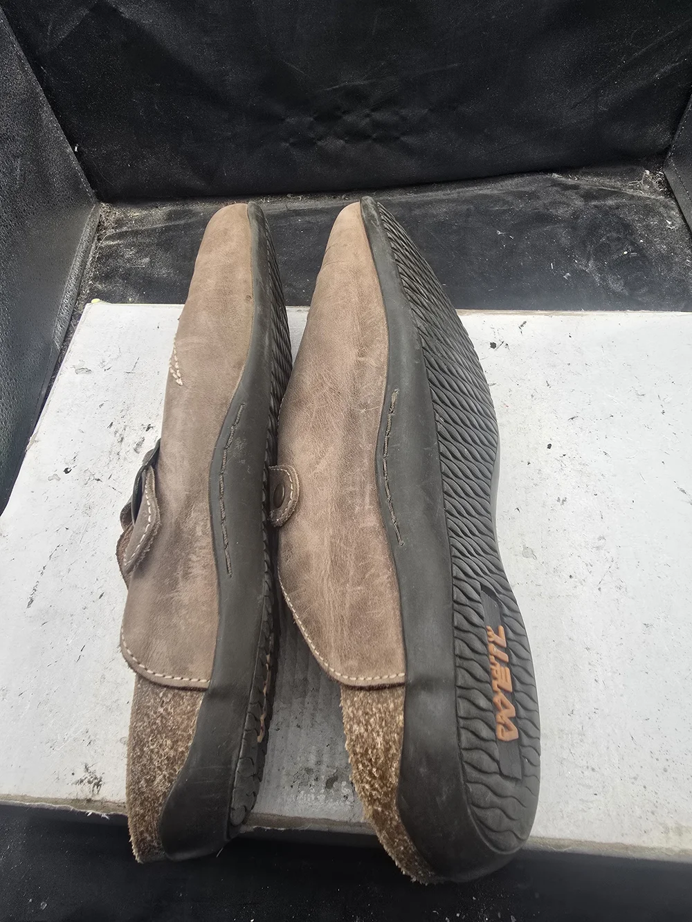 Naot Taupe Suede Slip-On Loafers with Floral Applique